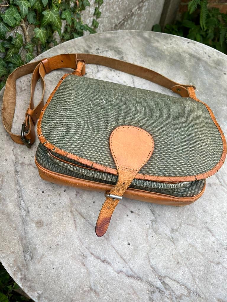 Vintage handtas in kaki canvas en natuurleder, Overige merken, Gebruikt, Ophalen of Verzenden, X