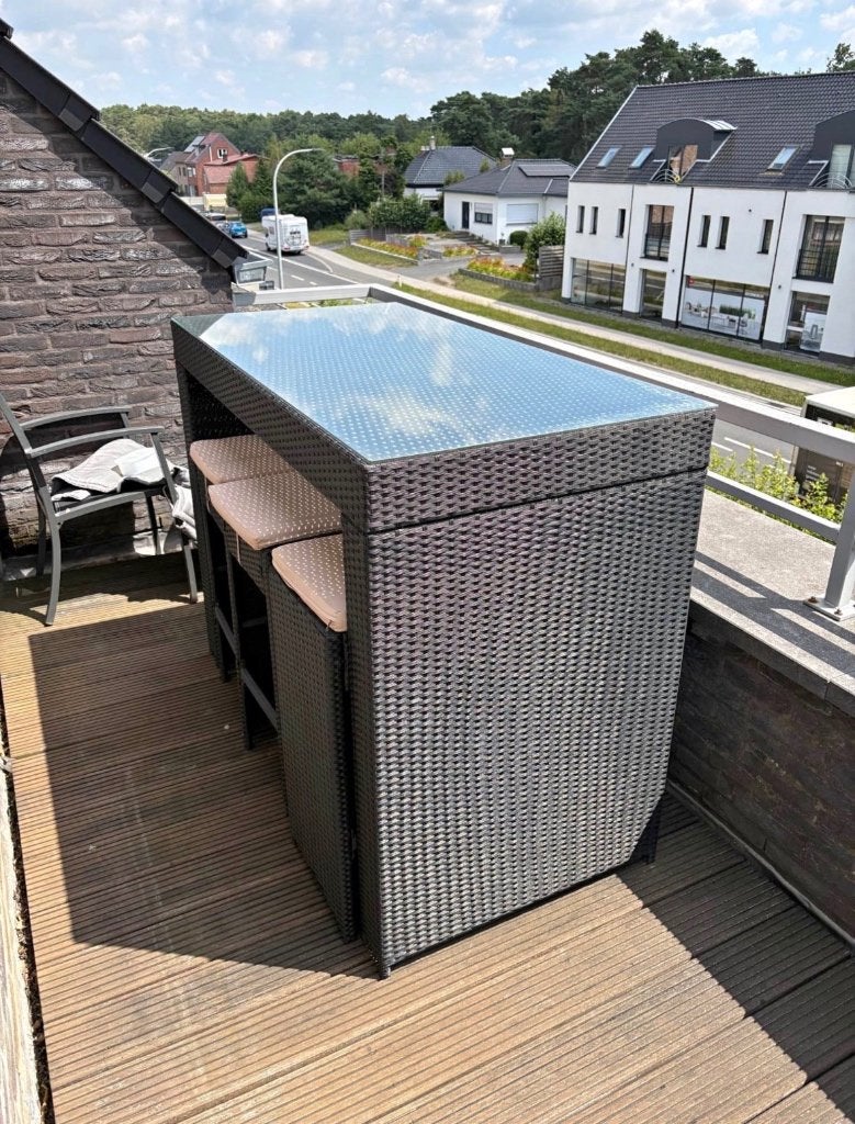 Hoge tuintafel met glas + 6krukken met kussens, Ophalen, Zo goed als nieuw, Rechthoekig, Plastic