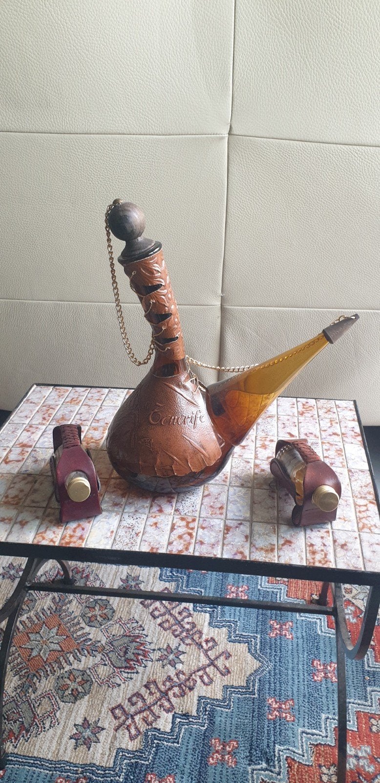 Vintage handgeblazen Spaanse Porrón amberglas wijnkaraf leer, Ophalen of Verzenden