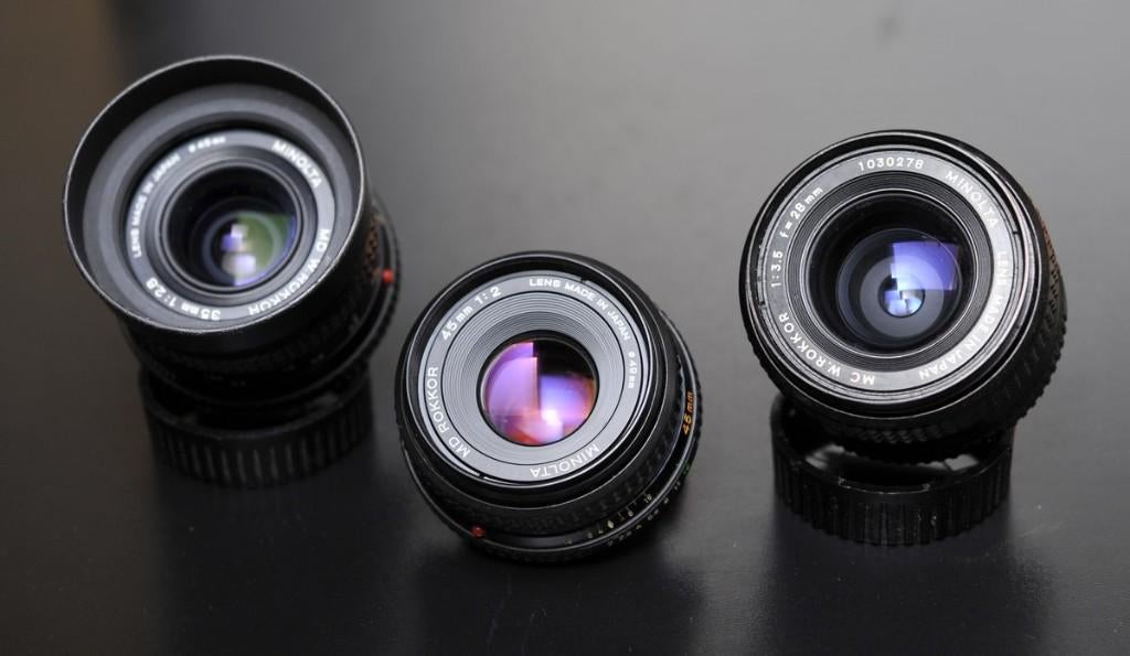 3x Minolta MD groothoek primes, Audio, Tv en Foto, Fotocamera's Analoog, Ophalen of Verzenden, Gebruikt, Spiegelreflex, Minolta