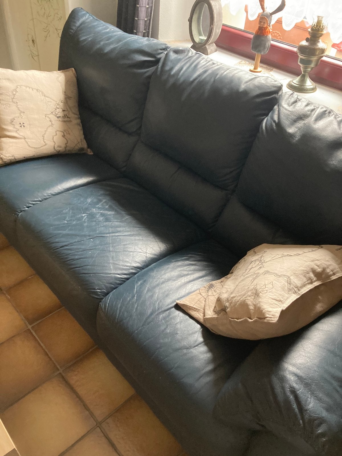 Canapé en cuir bleu 3 p + 1 p, Maison & Meubles, Canapés | Salons, Enlèvement, Utilisé, Trois personnes, Cuir