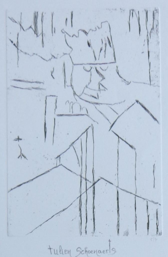JULIEN SCHOENAERTS / MAN MET KROON / ZW-W ETS / 52x38cm SIG, Antiek en Kunst, Kunst | Litho's en Zeefdrukken, Gesigneerd, Ophalen of Verzenden