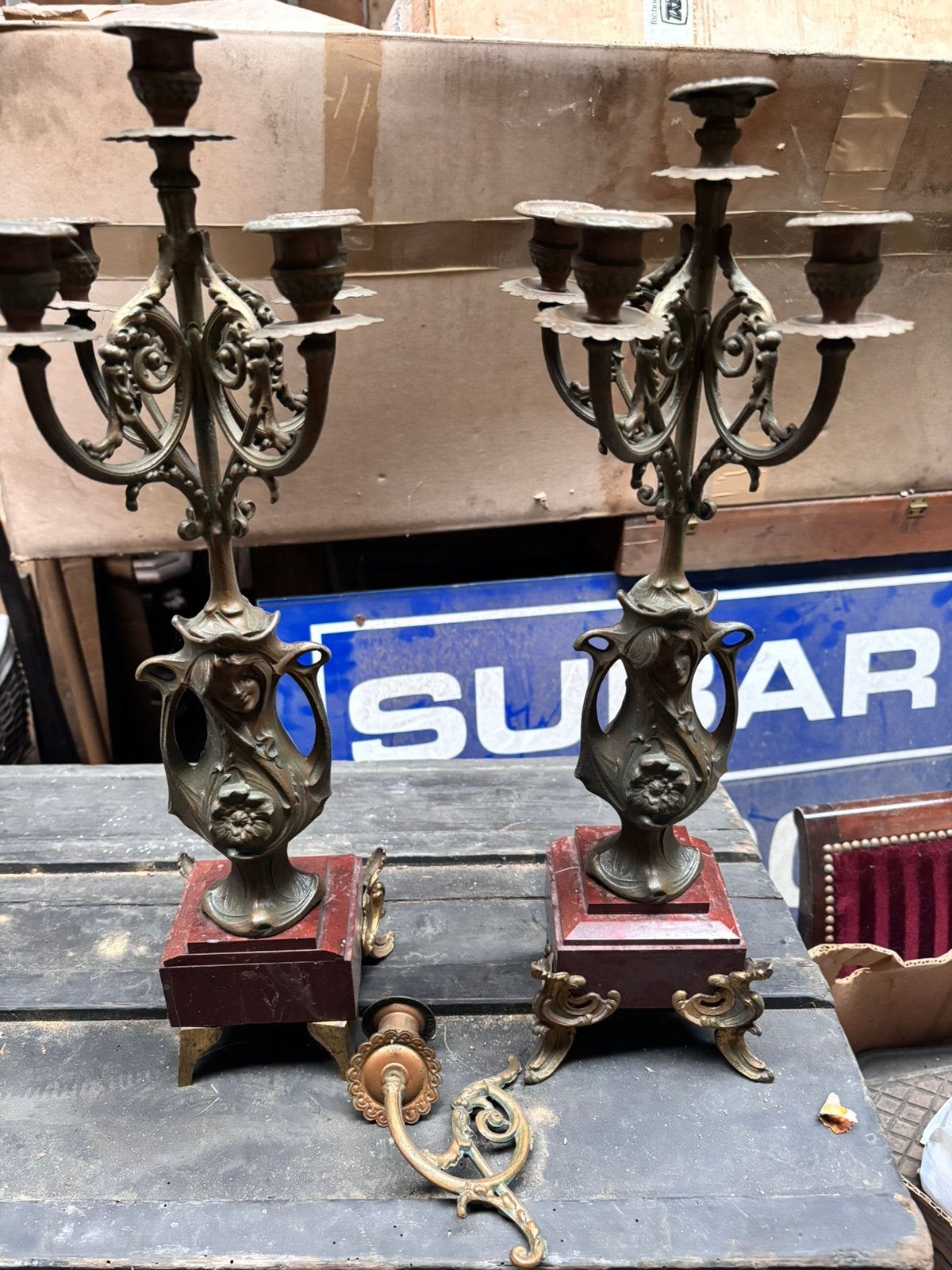 Twee mooie kandelaars en klok franse Art Nouveau, Ophalen of Verzenden, Overige materialen
