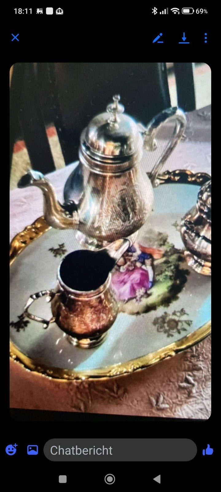 Verzilverd servies + schaal er onder., Antiek en Kunst, Ophalen