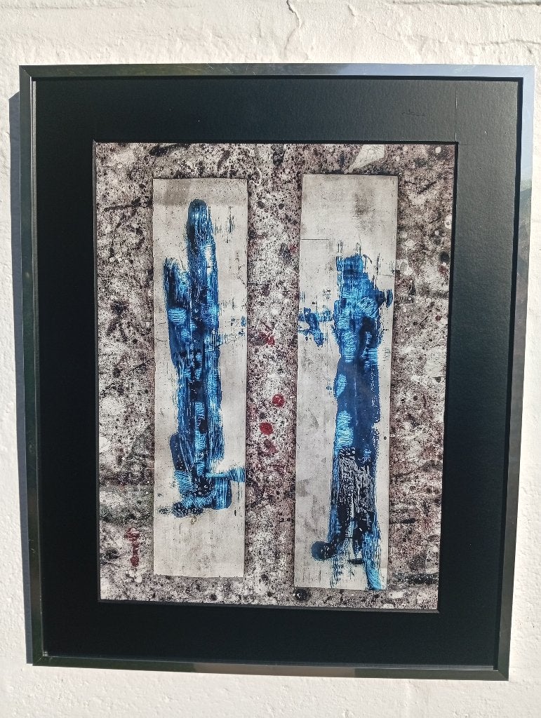 Vintage abstracte schilderij van Nielsen , chromen frame 70s, Ophalen of Verzenden