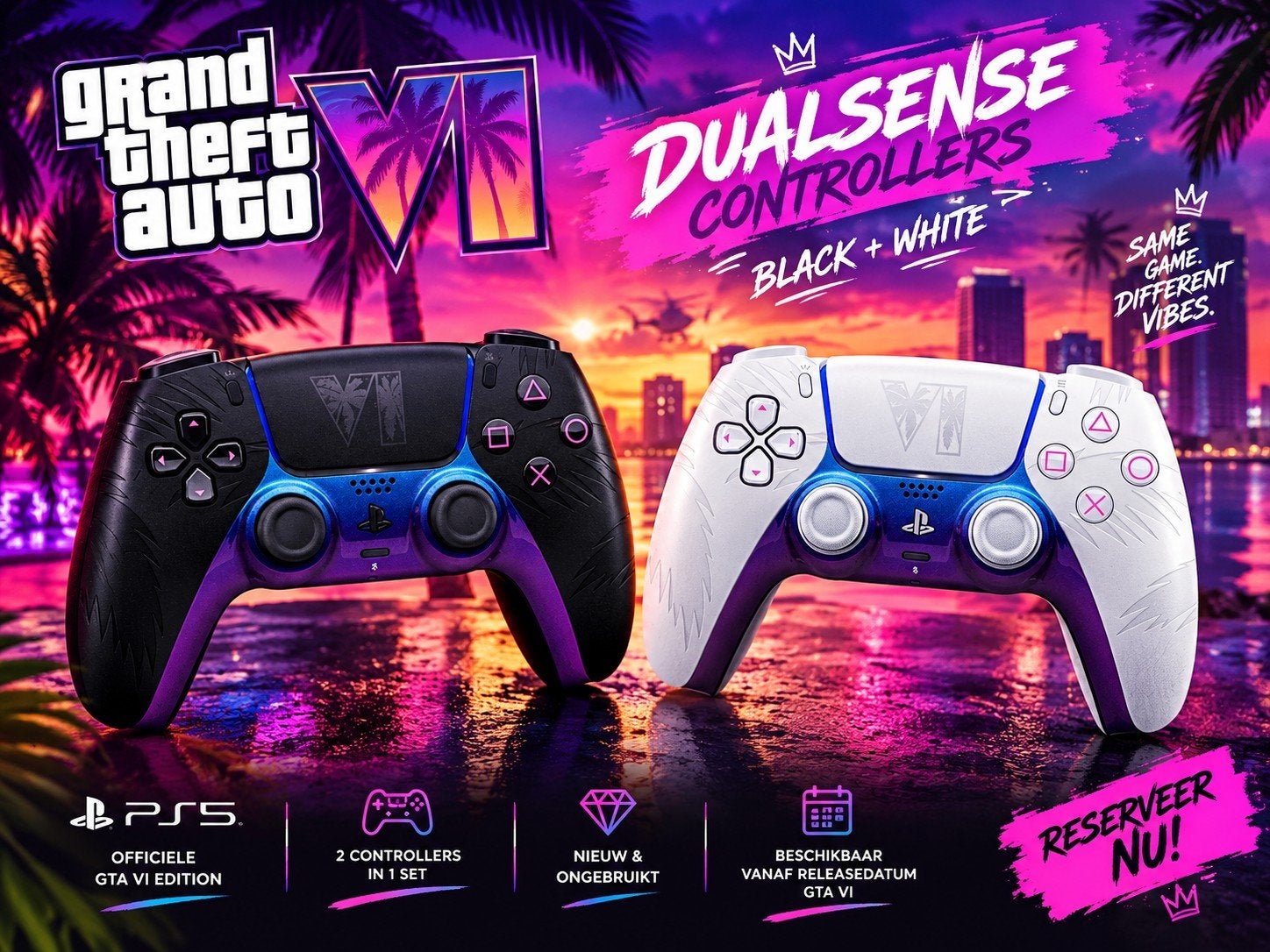 GTA VI DualSense Controllers PS5 – Zwart+Wit – Set van 2, PlayStation 5, Nieuw, Ophalen of Verzenden, Controller