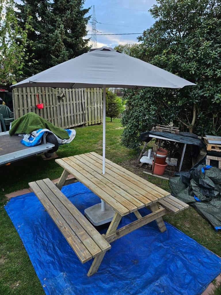 Picknicktafels geïmpregneerd inclusief parasolvoet + parasol, Tuin en Terras, Ophalen