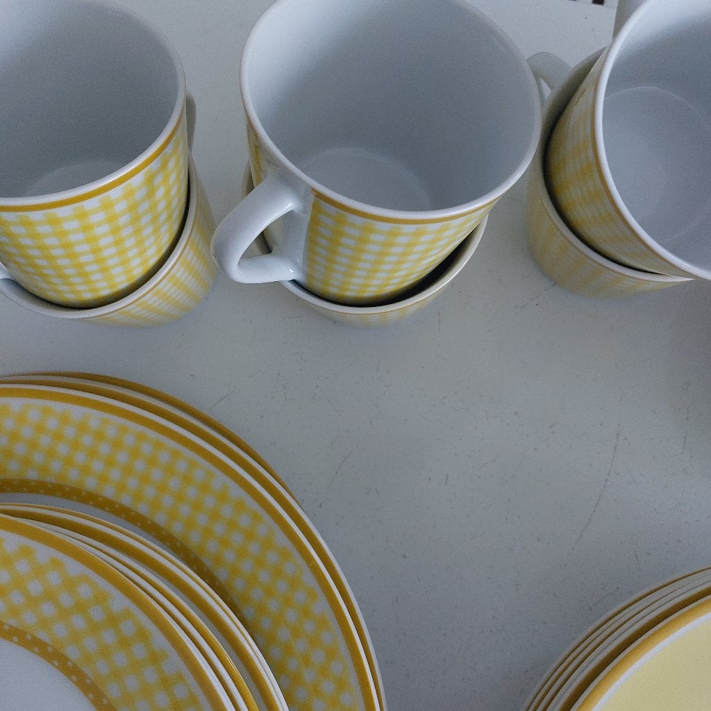 Service de table vintage Vichy jaune 6 pers, Enlèvement, Vintage, Service complet