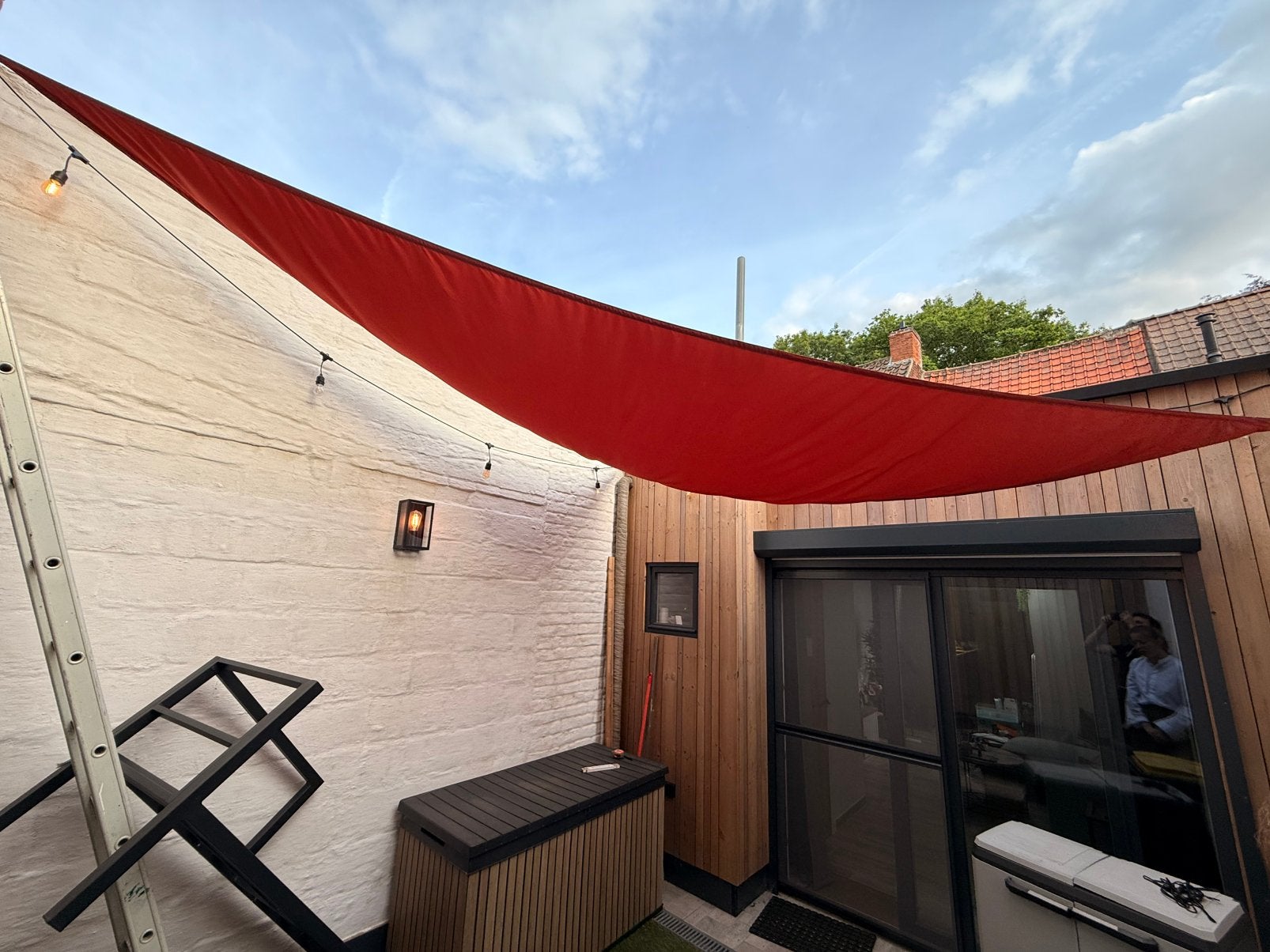 Zonnedoek terracotta driehoek: 3,5/3,5/4,9m, Tuin en Terras, Ophalen, Zo goed als nieuw