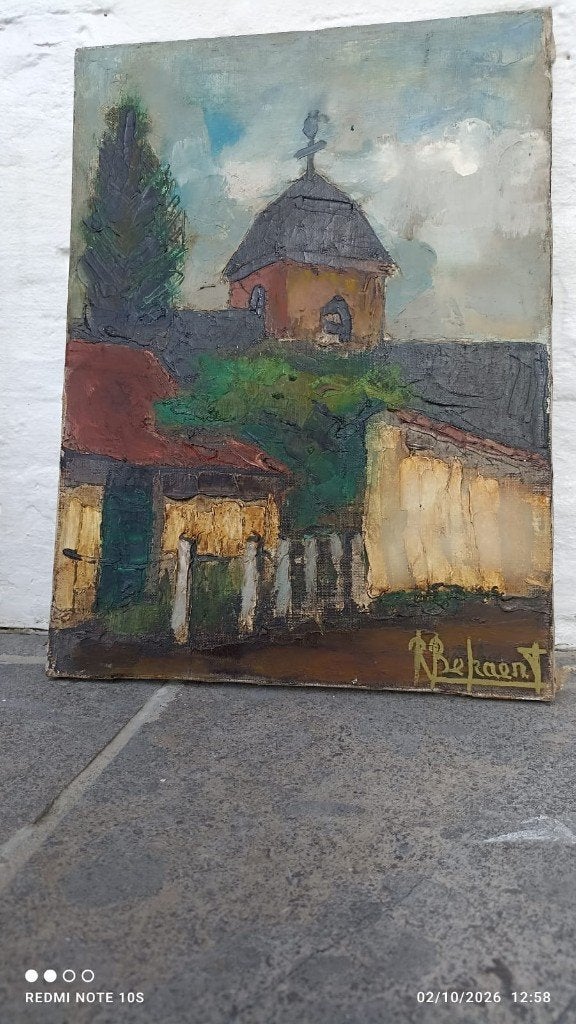 Tableau Clocher/Église de R. BEKAERT  Huile toile 40x30 cm, Peinture à l'huile, Paysage, Signé, Enlèvement