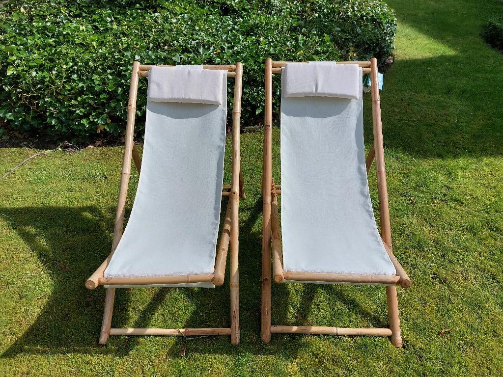 2 nieuwe bamboe strandstoelen / tuinstoelen, Ophalen, Nieuw, Hout, Verstelbaar