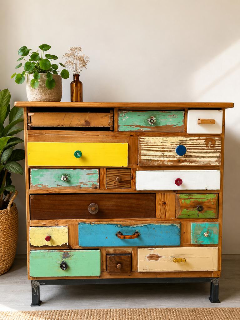 Vintage ladenkast in patchwork stijl – uniek meubelstuk, Huis en Inrichting, Ophalen, Gebruikt, 5 laden of meer, 100 tot 150 cm