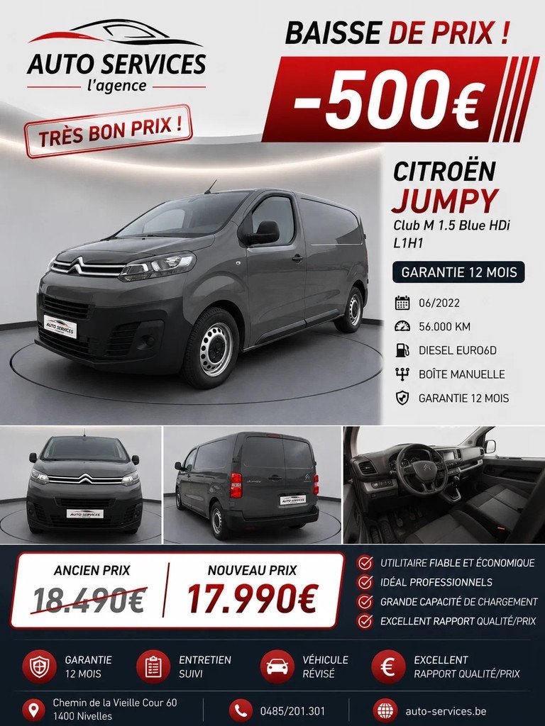 Citroën Jumpy CLUB M 1.5 BLUE HDI -L1H1- avec garantie, Stof, Gebruikt, Euro 6, 4 cilinders