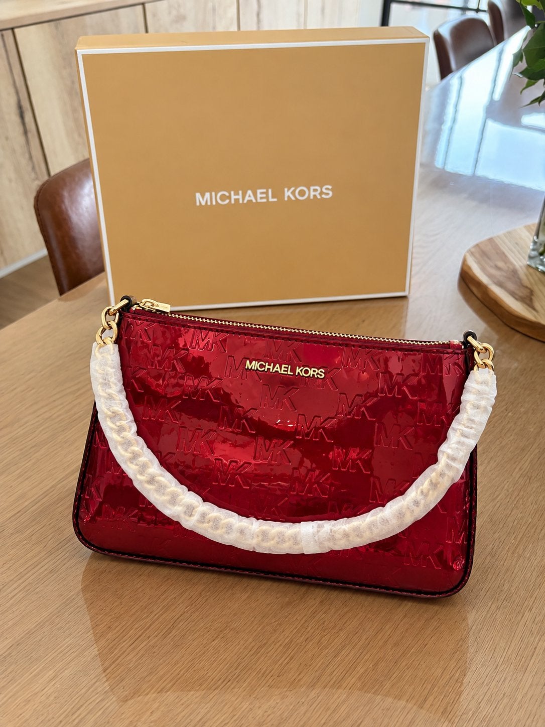 Michael Kors Rode Patent Schoudertas met Gouden Ketting, Bijoux, Sacs & Beauté, Envoi, Neuf, Rouge, Sac à main