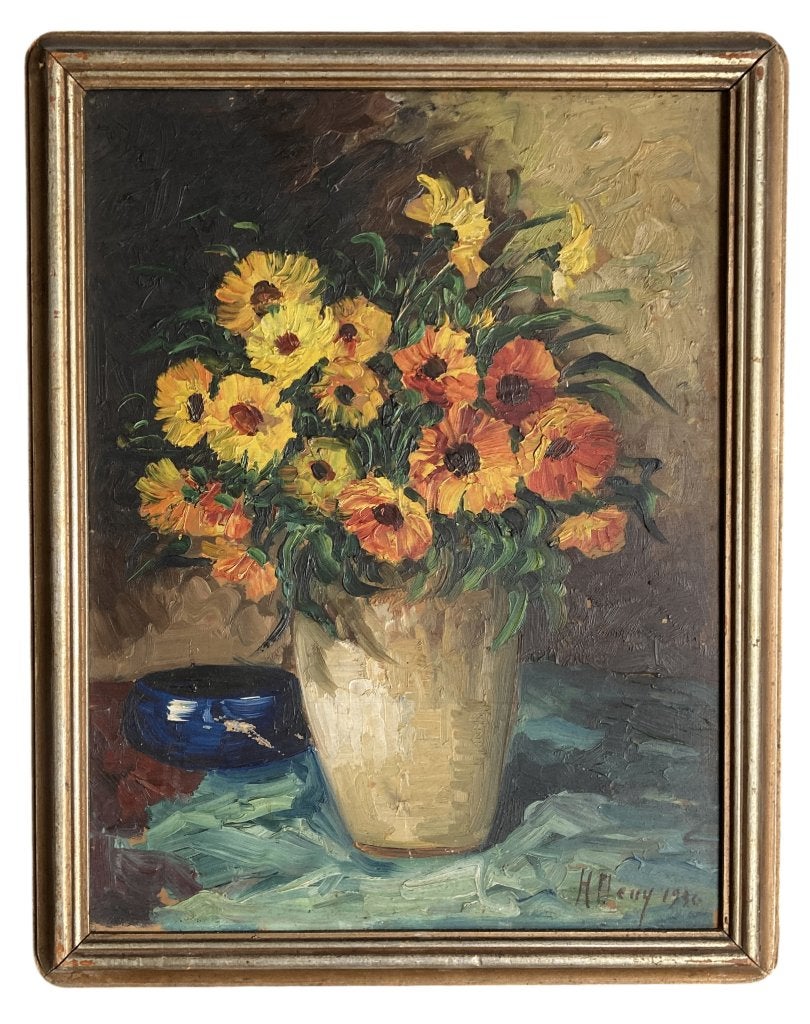 Huile sur panneau signée 1930 – Nature morte aux fleurs, Antiquités & Art, Enlèvement ou Envoi, Encadré, Peinture à l'huile, Panneau