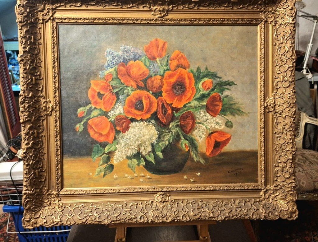 Peinture à l'huile avec coquelicots et fleurs dans un vase, Antiquités & Art, Art | Peinture | Classique, Enlèvement ou Envoi