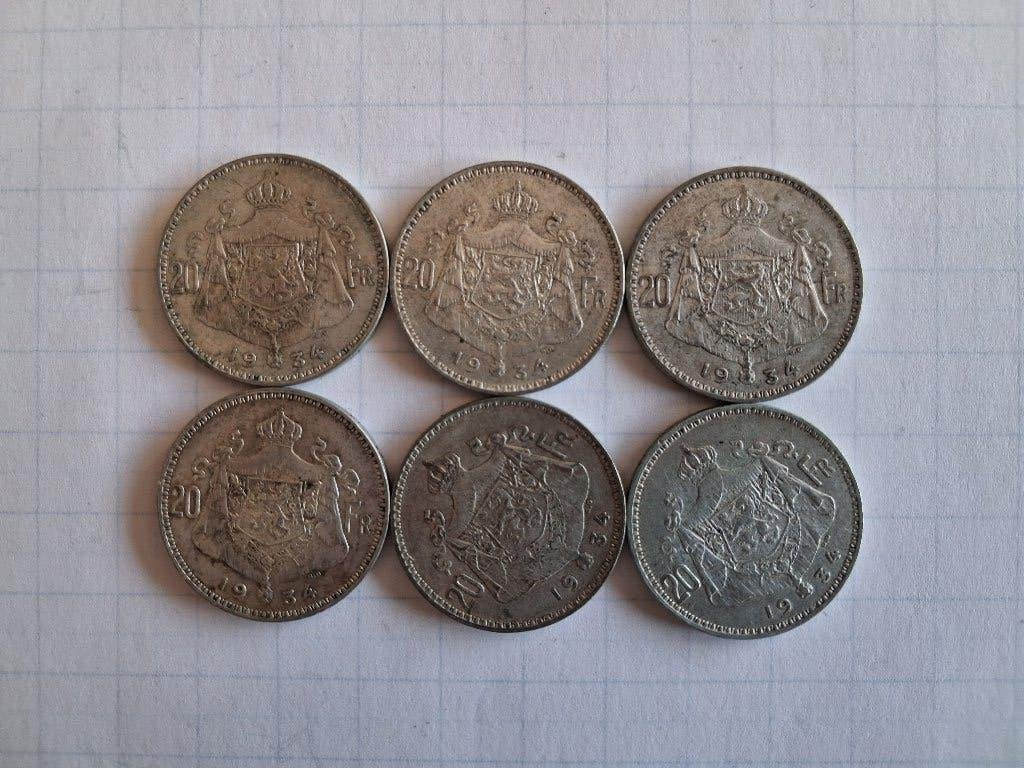 Belgique 6 x 20 francs 1934 argent, Timbres & Monnaies, Enlèvement ou Envoi, Argent, Série, Argent