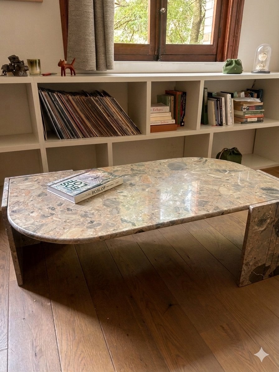 Vintage Marmeren/Terrazzo Salontafel – Travertin Look, Maison & Meubles, Tables | Tables de salon, Enlèvement