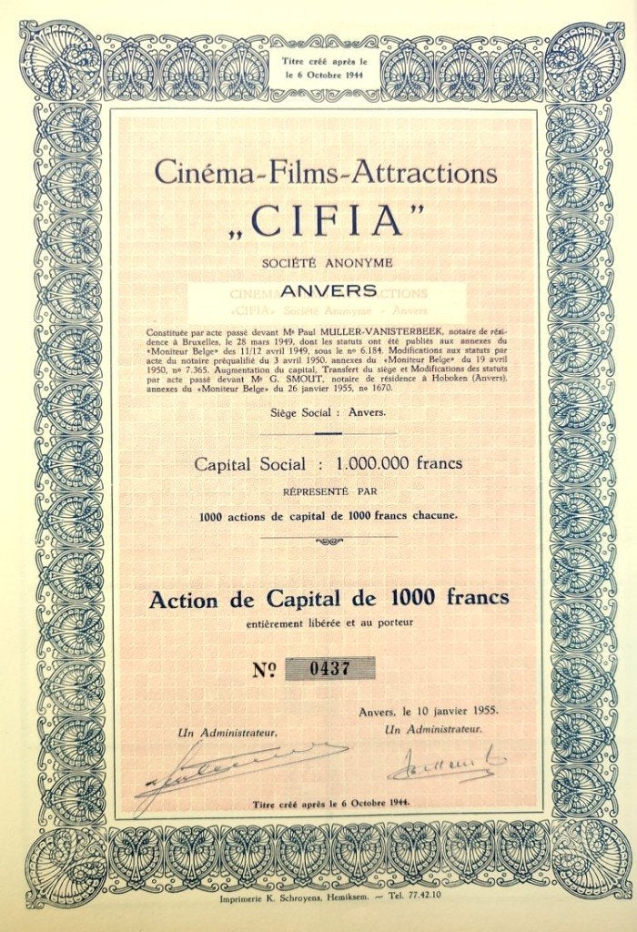 Cinéma-Films-Attractions (Antwerpen) CIFIA 1955, Timbres & Monnaies, Actions & Titres, Action, 1950 à 1970, Enlèvement ou Envoi