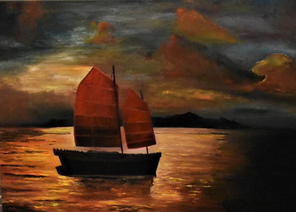 Schilderij met rode zonsondergang boven zee, door Joky Kamo, Ophalen