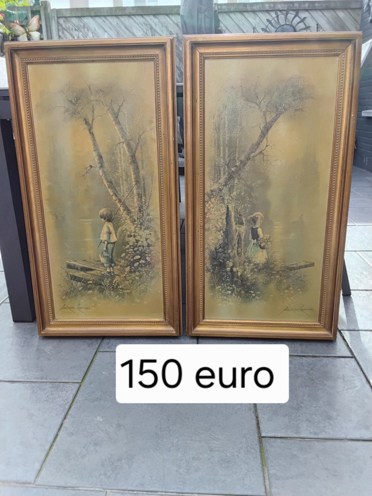 2 schilderijen op doek.Andres Crpinas. H87 cm , Br 46,5 cm, Portrait ou Personnes, Enlèvement, Encadré, Toile