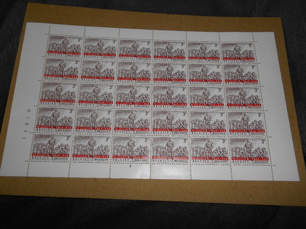 Planche de 30 timbres Belge 40c 75éme anniversaire PSB-BSP, Enlèvement ou Envoi
