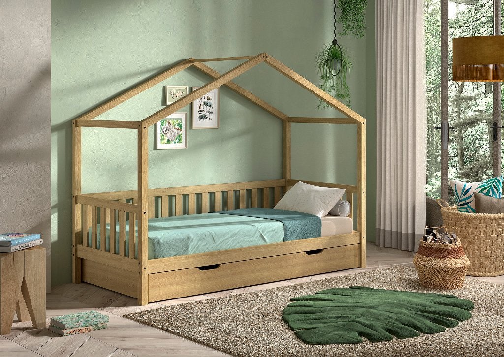 DALLAS HUISBED IN MASSIEVE EIK. NIEUW!, Kinderen en Baby's, Ophalen, 85 tot 100 cm, Nieuw, Lattenbodem