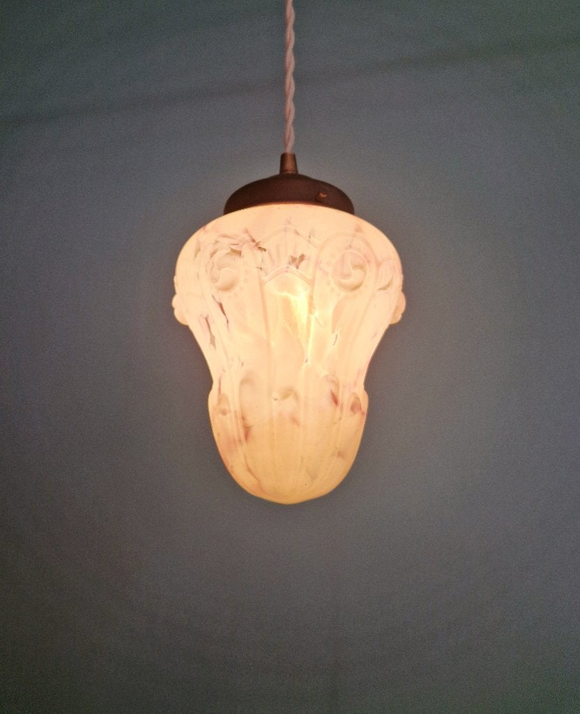 Art Deco hanglamp in wit en paars gespikkeld glas, 1920, Ophalen of Verzenden