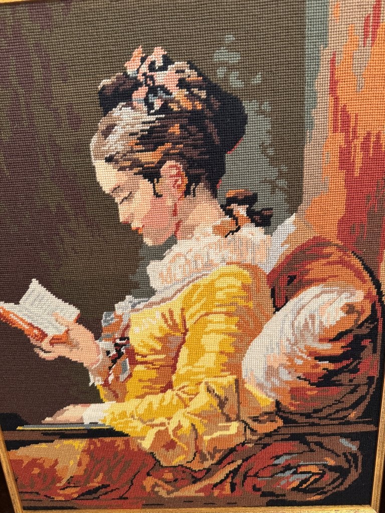 Gobelin borduurwerk”Het Lezende Meisje “, Ophalen