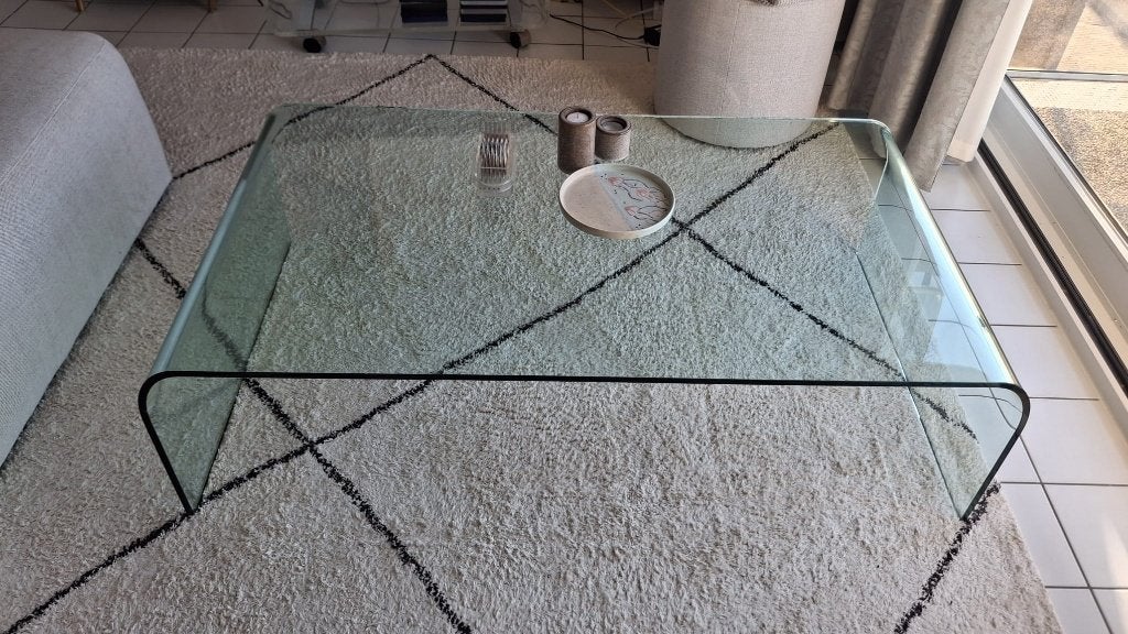 Vintage design salontafel in gebogen veiligheidsglas, Ophalen, 100 tot 150 cm, Rond, 50 tot 100 cm