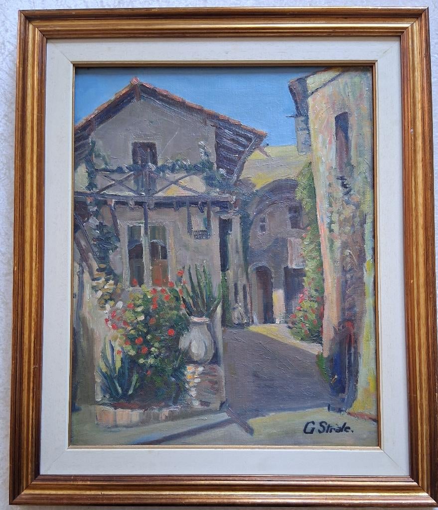 Georges STRALE (1915 - ?) Huile sur toile "Ruelle fleurie", Antiquités & Art, Enlèvement