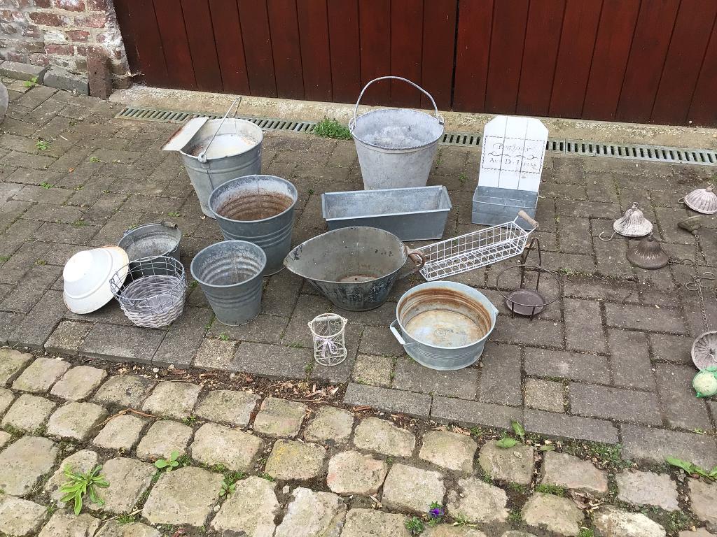 Zinken emmers bloembakken vogel voeder hangers, Tuin en Terras, Ophalen of Verzenden