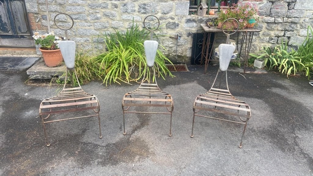 Trio de chaises de jardin artisanat d'art brutaliste, Ophalen of Verzenden, Metaal