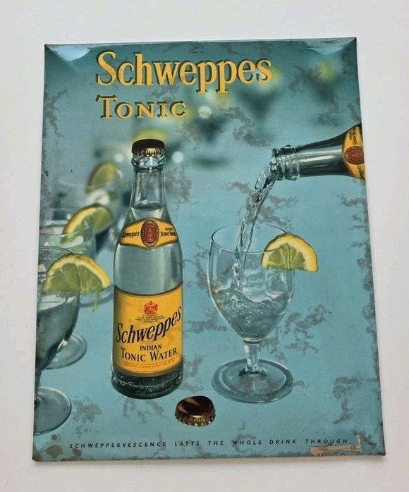 Uniek Vintage Schweppes Tonic Reclamebord (1958), Verzamelen, Ophalen, Zo goed als nieuw, Reclamebord