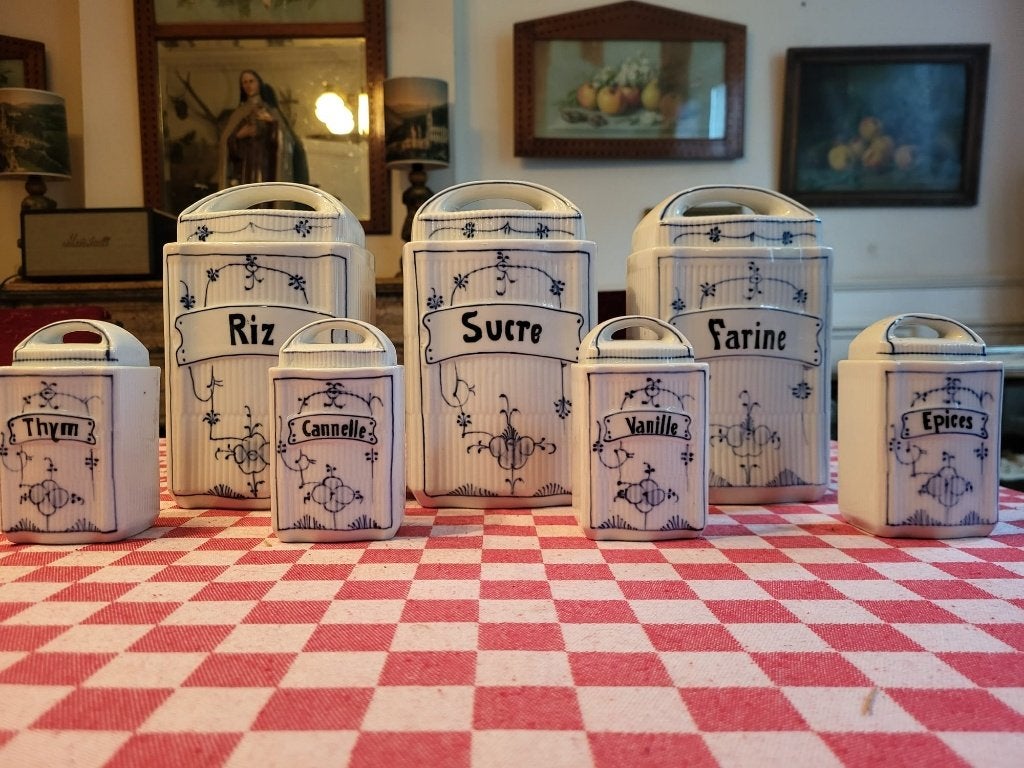 vintage voorraadpotten - porselein met delfts blauw motief, Ophalen