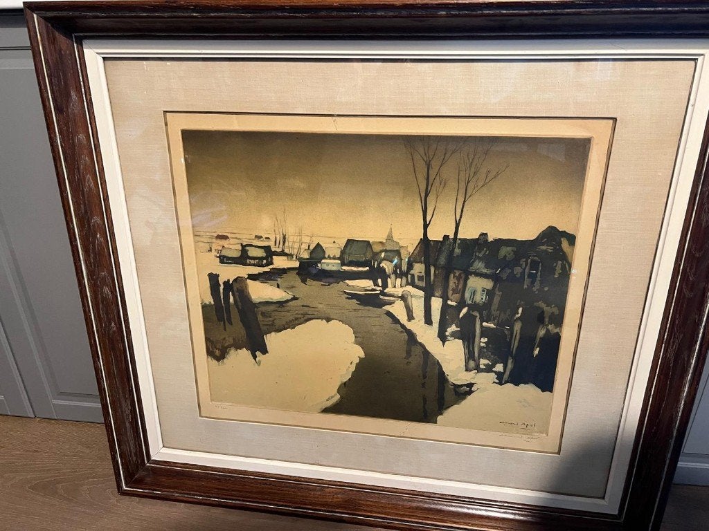 Armand Apol kleurenets "Winterlandschap" - Gesigneerd, Enlèvement, Paysage, Eau-forte, Signé