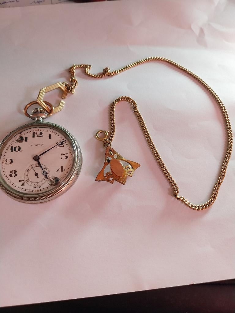 VINTAGE ZILVEREN ZAKHORLOGE EN VERGULDE KETTING, Handtassen en Accessoires, Overige merken, Zakhorloge, 1930 tot 1960, Ophalen of Verzenden