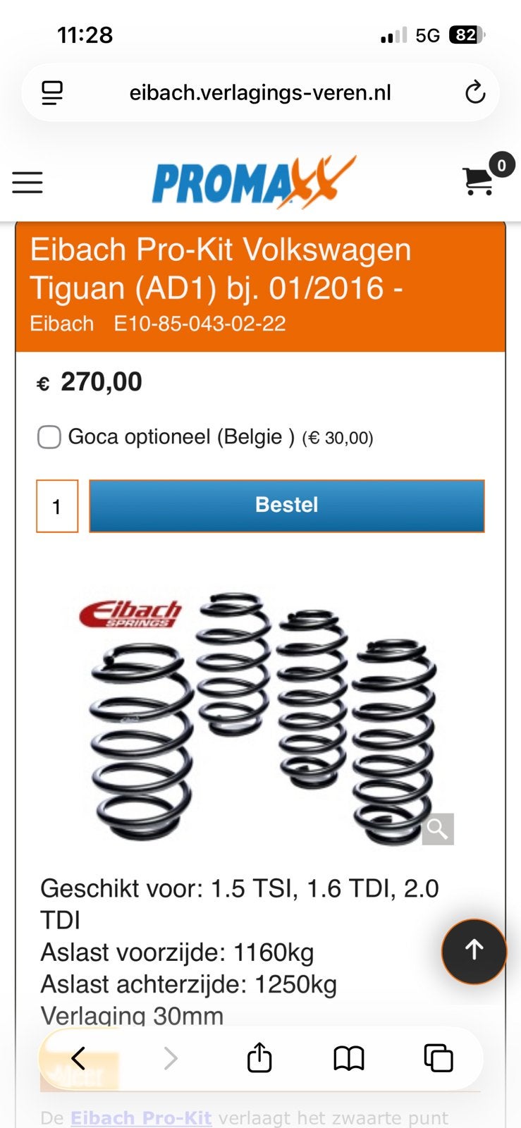 Eibach veren tiguan, Auto diversen, Tuning en Styling, Ophalen