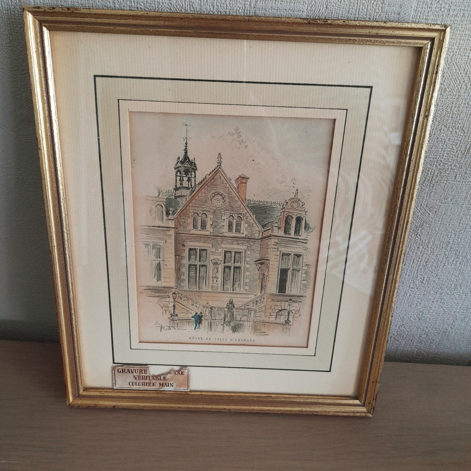 Gekleurde gravure Hôtel de Ville d'Orléans., Antiquités & Art, Enlèvement ou Envoi, Gravure, Coloré à la main