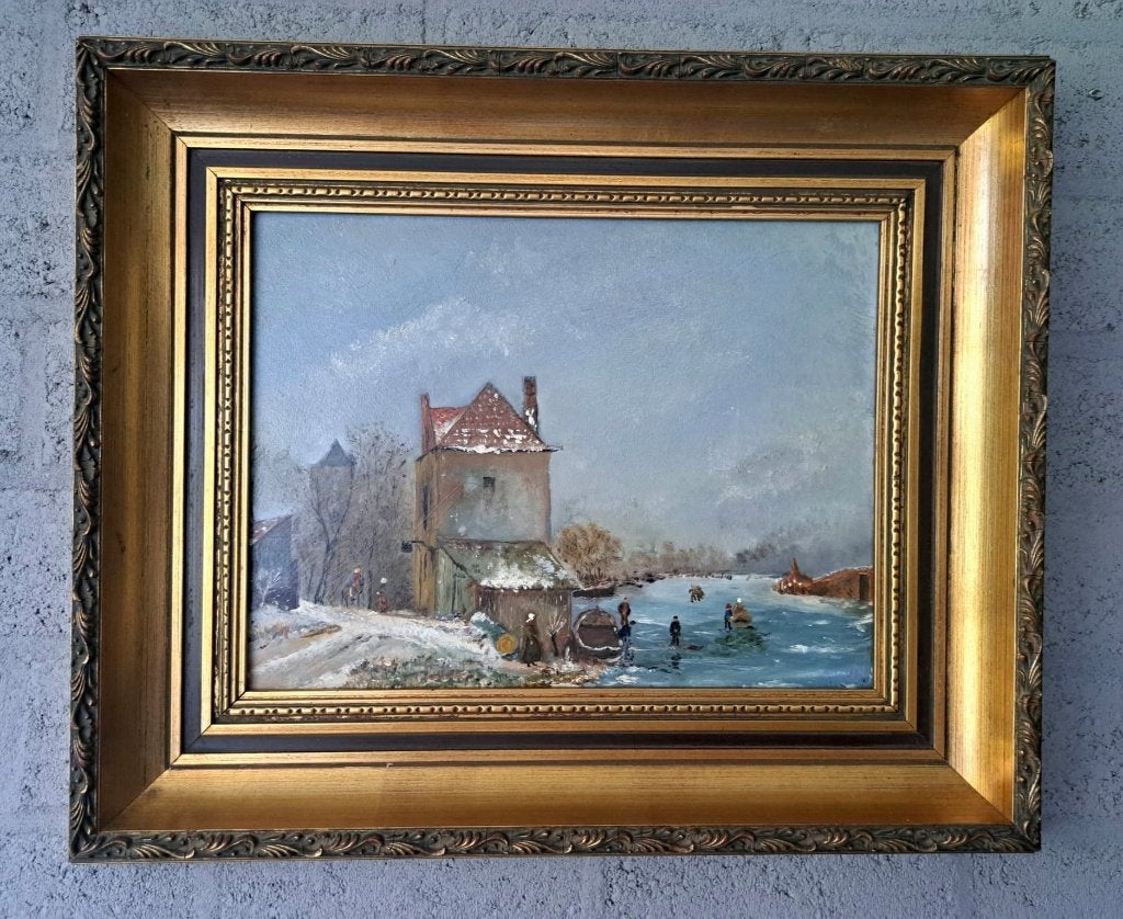 Schilderij Winterlandschap met schaatsers en molen, Antiek en Kunst, Ophalen of Verzenden, Klassiek, Bijzondere lijst, Doek