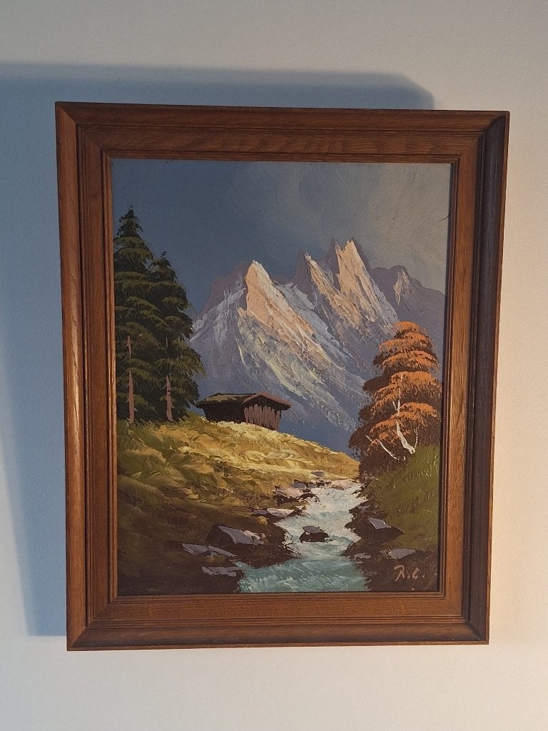 Olieverfschilderij Berglandschap met Rivier en Hut, Antiek en Kunst, Kunst | Schilderijen | Klassiek, Realistisch, Ophalen of Verzenden