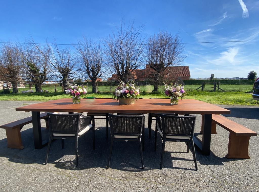 Zelf gemaakte tuintafel + bankje + salontafel, Enlèvement, Neuf, Rectangulaire, Bois