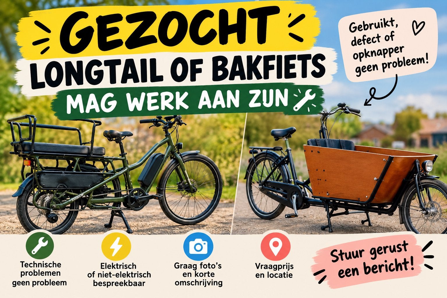 GEZOCHT – LONGTAIL OF BAKFIETS – MAG WERK AAN ZIJN, Fietsen en Brommers, Ophalen of Verzenden, Zo goed als nieuw
