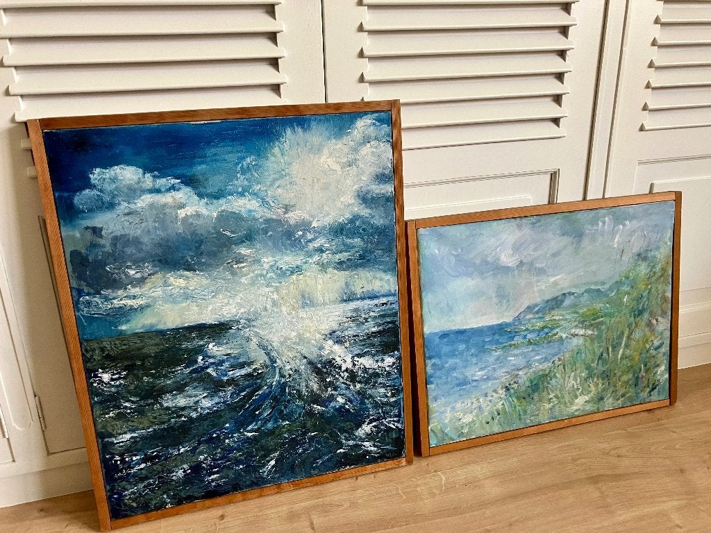 Scandinavisch set 2 originele olieverfschilderijen op doek ., Enlèvement, Encadré, Peinture à l'huile, Paysage