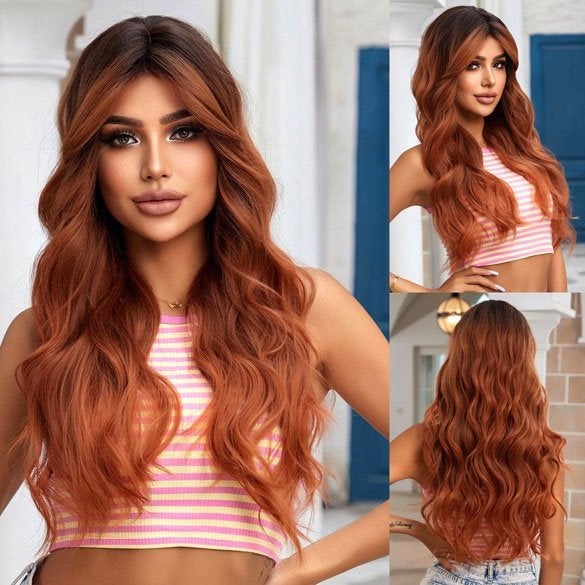 Pruik lang haar grove slag koper rood met pony, Handtassen en Accessoires, Ophalen of Verzenden, Nieuw