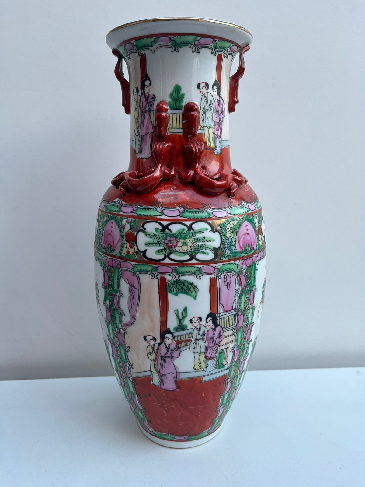 Grote Famille Rose Vaas 37cm Canton Draken Handvaten, Antiek en Kunst, Ophalen of Verzenden