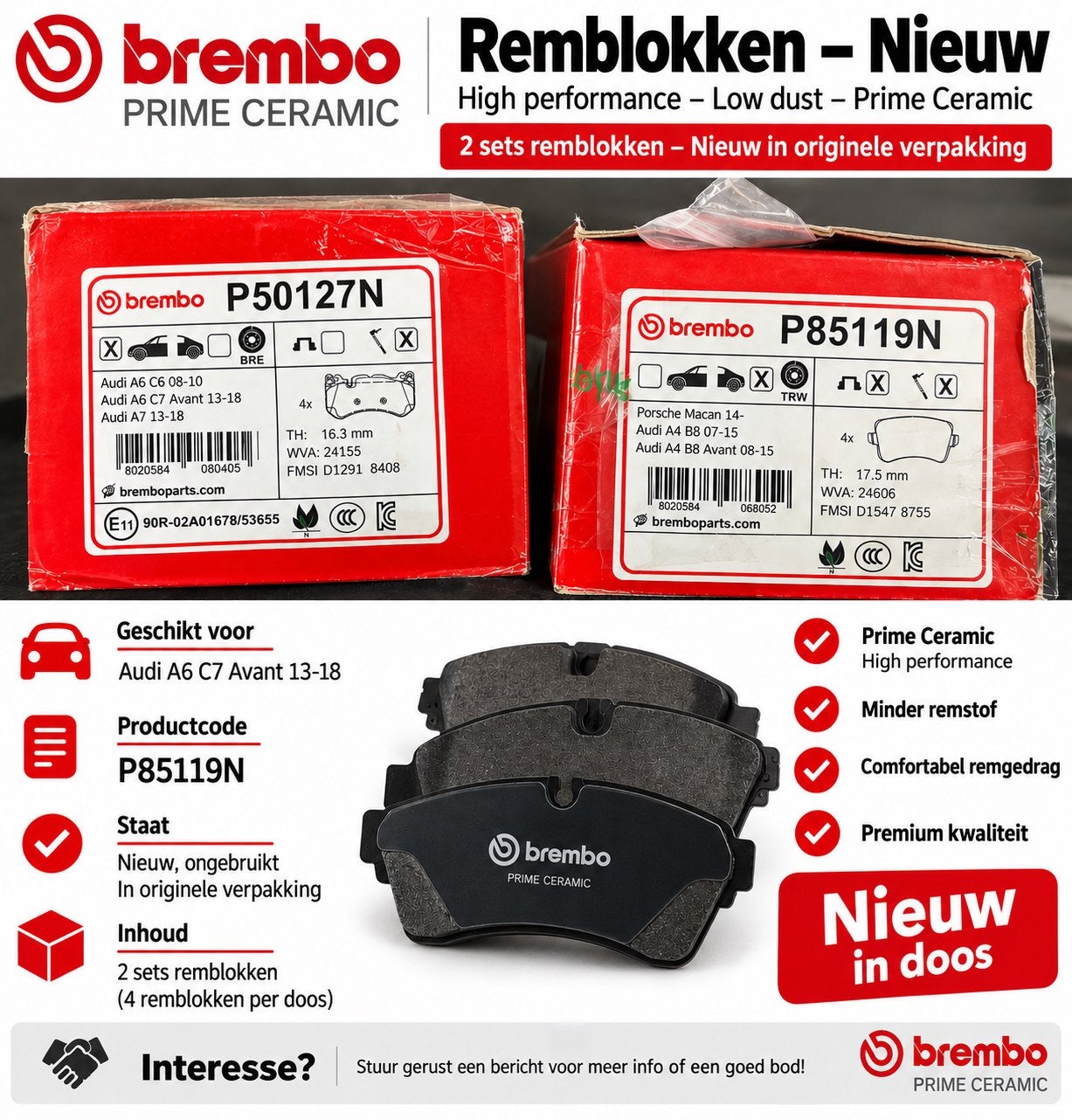 Te koop: nieuwe Brembo Prime Ceramic remblokken, Ophalen of Verzenden, Audi