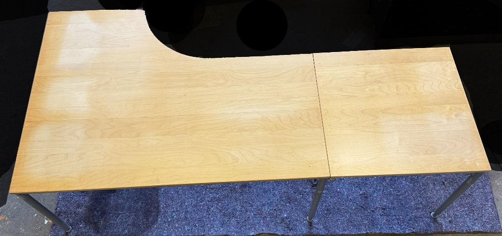 L-vormig houten bureau met grijze metalen poten + ladeblok, Ophalen, Gebruikt