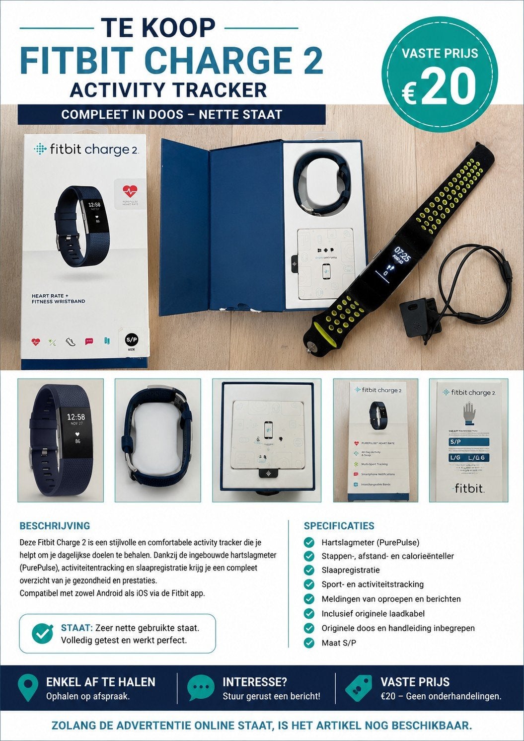 Fitbit Charge 2 Activity Tracker – Compleet in doos – €20 (v, Sport en Fitness, Ophalen