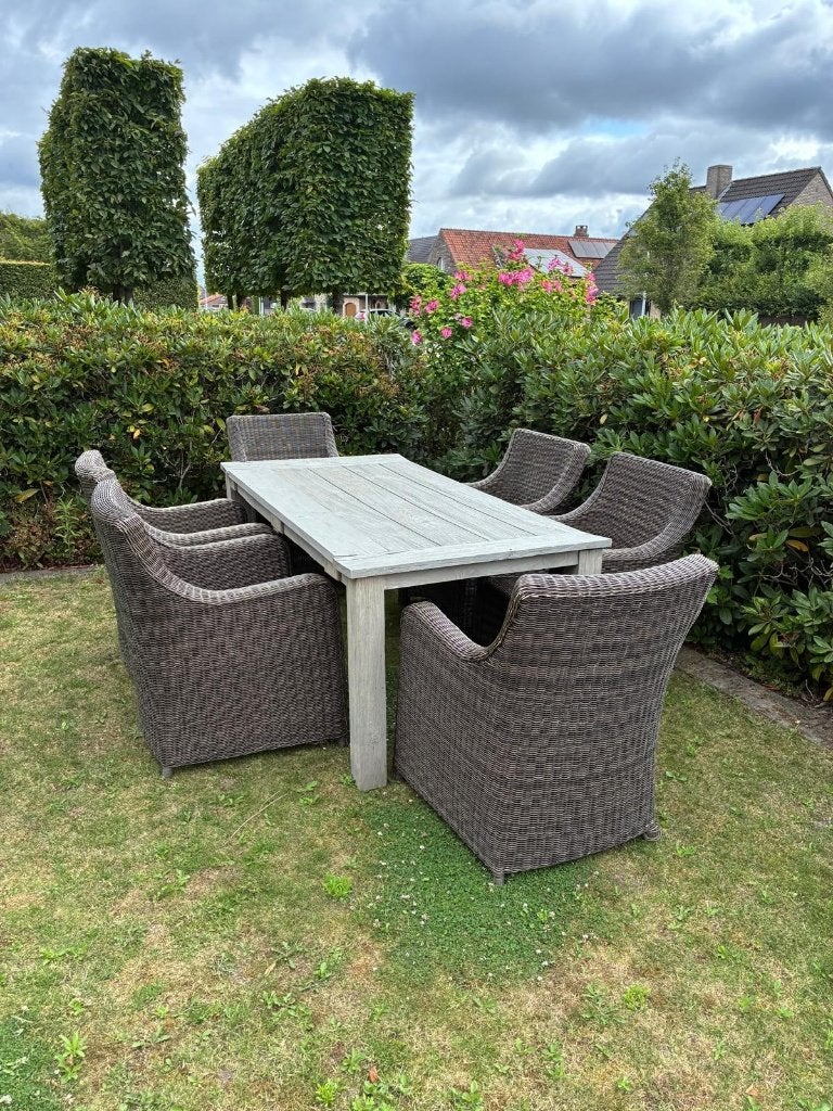 Tuinset met tafel en 6 stoelen incl. kussens, Tuin en Terras, Ophalen, Gebruikt, 6 zitplaatsen, Wicker
